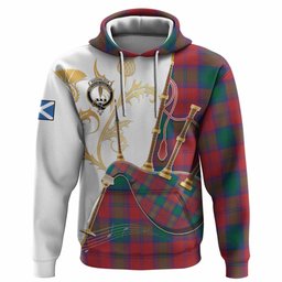 Auchinleck (Affleck) Tartan Family Crest Hoodie Bagpipes with Scottish Thistle