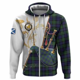 Campbell Tartan Family Crest Hoodie Bagpipes with Scottish Thistle