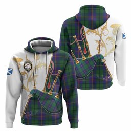 Carmichael Tartan Family Crest Hoodie Bagpipes with Scottish Thistle