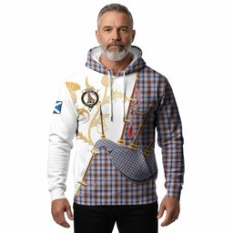 Boswell Tartan Family Crest Hoodie Bagpipes with Scottish Thistle