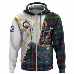 Calder Tartan Family Crest Hoodie Bagpipes with Scottish Thistle