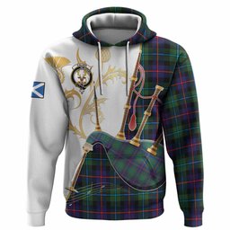Calder Tartan Family Crest Hoodie Bagpipes with Scottish Thistle