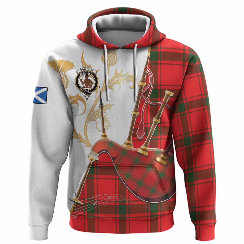 Darroch Tartan Family Crest Hoodie Bagpipes with Scottish Thistle