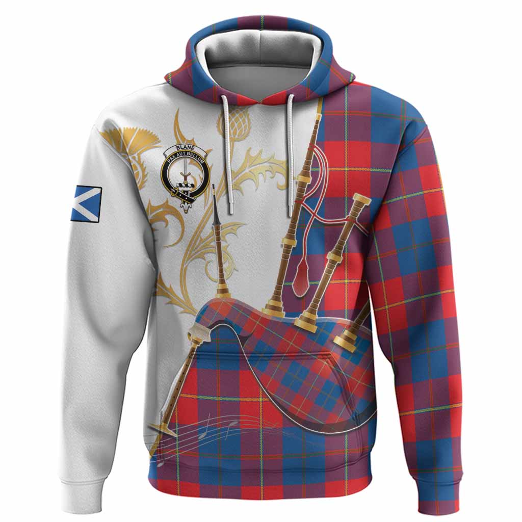 Blane Tartan Family Crest Hoodie Bagpipes with Scottish Thistle