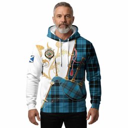 Clergy Tartan Family Crest Hoodie Bagpipes with Scottish Thistle