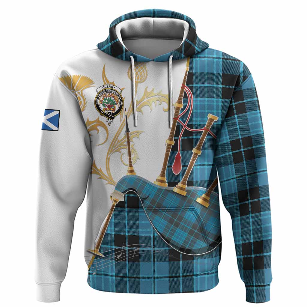 Clergy Tartan Family Crest Hoodie Bagpipes with Scottish Thistle