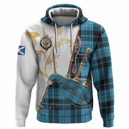 Clergy Tartan Family Crest Hoodie Bagpipes with Scottish Thistle