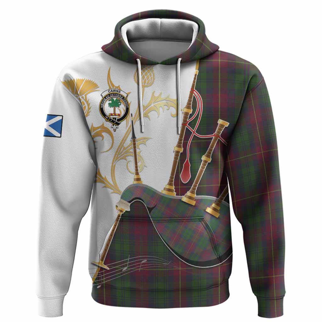 Cairns Tartan Family Crest Hoodie Bagpipes with Scottish Thistle