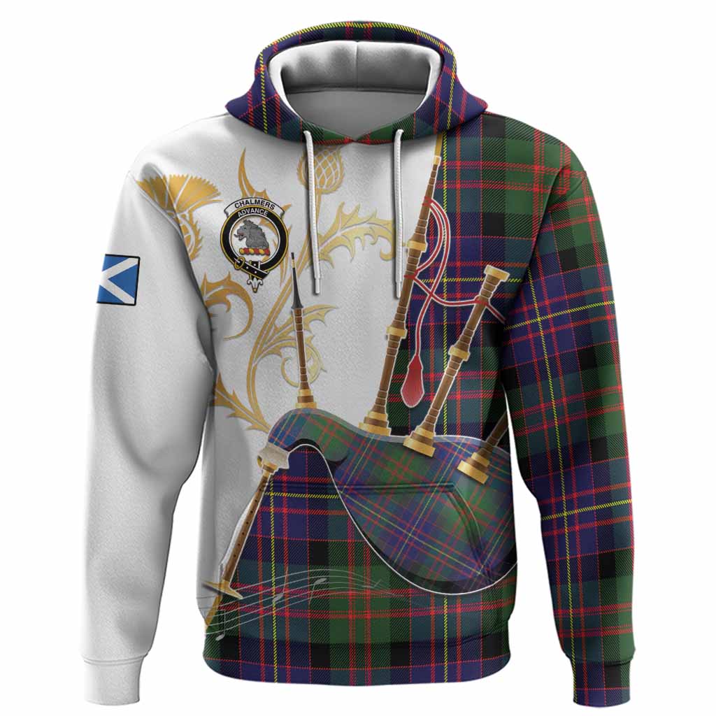 Chalmers Tartan Family Crest Hoodie Bagpipes with Scottish Thistle