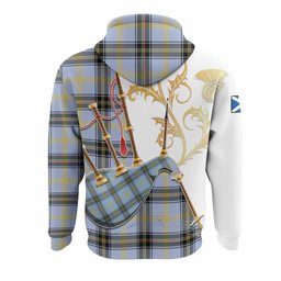 Bell Tartan Family Crest Hoodie Bagpipes with Scottish Thistle