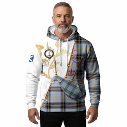 Bell Tartan Family Crest Hoodie Bagpipes with Scottish Thistle