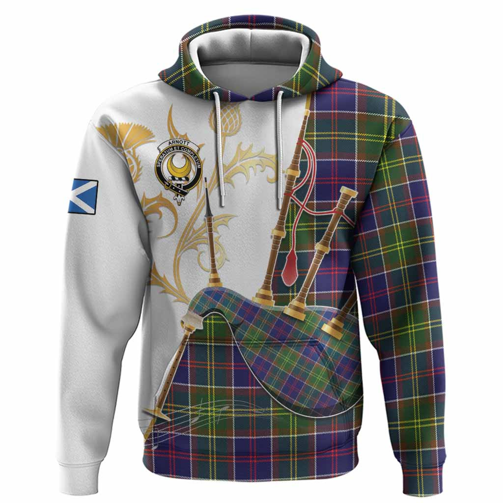 Arnott Tartan Family Crest Hoodie Bagpipes with Scottish Thistle