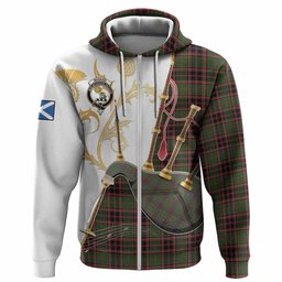 Buchan Tartan Family Crest Hoodie Bagpipes with Scottish Thistle