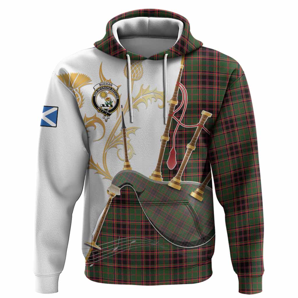 Buchan Tartan Family Crest Hoodie Bagpipes with Scottish Thistle