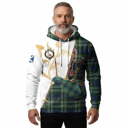 Blyth Tartan Family Crest Hoodie Bagpipes with Scottish Thistle