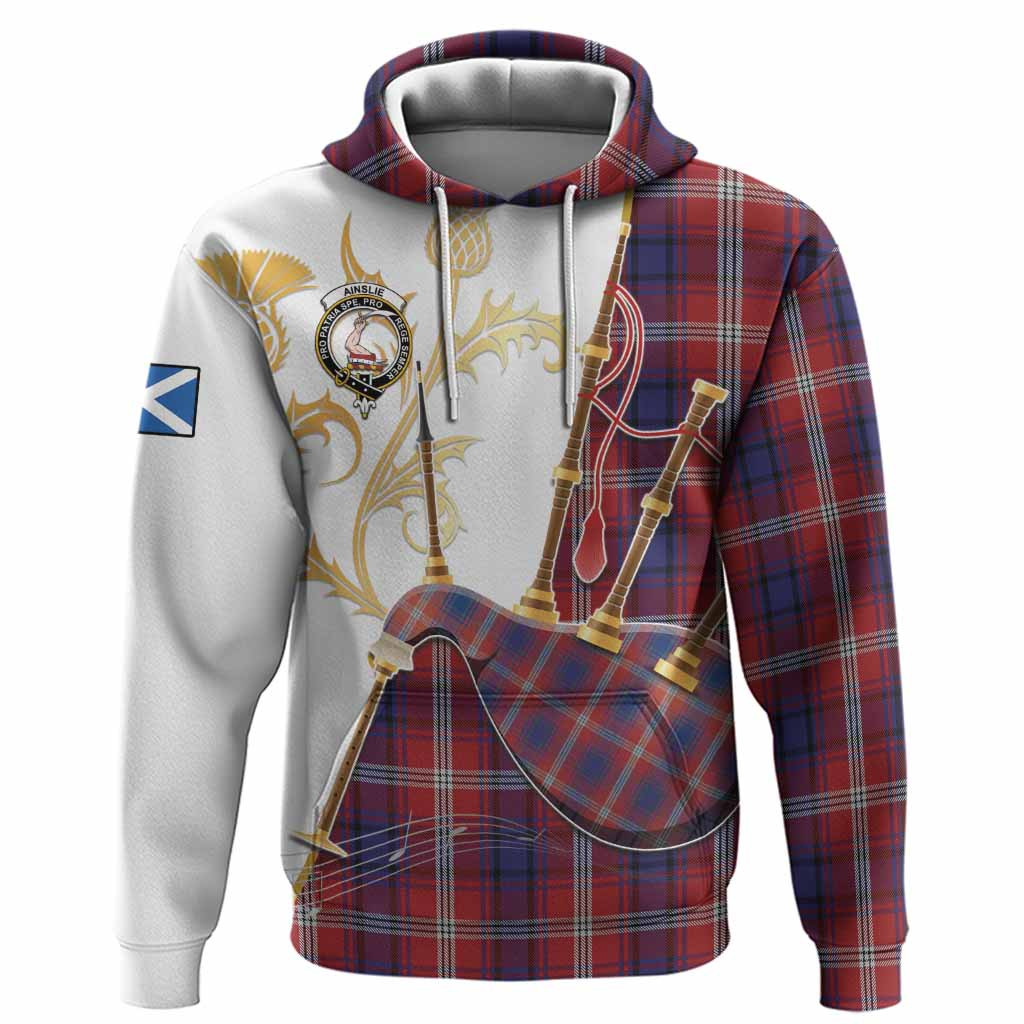 Ainslie Tartan Family Crest Hoodie Bagpipes with Scottish Thistle