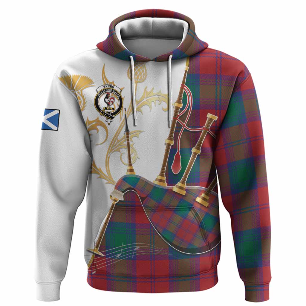 Byres (Byses) Tartan Family Crest Hoodie Bagpipes with Scottish Thistle