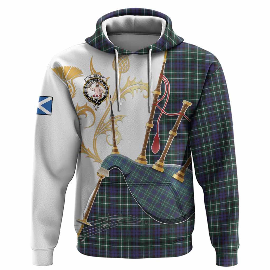 Allardice Tartan Family Crest Hoodie Bagpipes with Scottish Thistle
