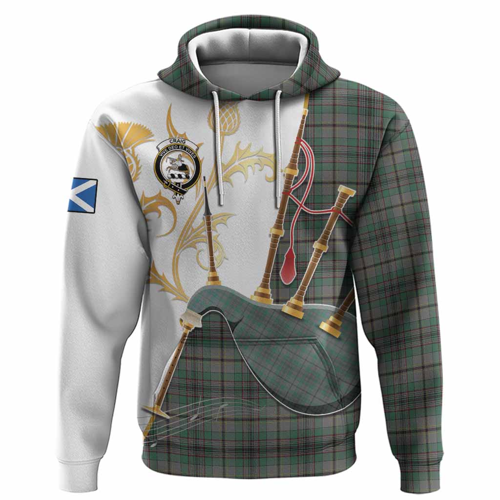 Craig Tartan Family Crest Hoodie Bagpipes with Scottish Thistle