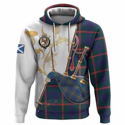 Agnew Tartan Family Crest Hoodie Bagpipes with Scottish Thistle