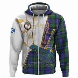 Donnachaidh Tartan Family Crest Hoodie Bagpipes with Scottish Thistle