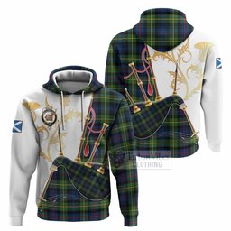 Baillie (Bailey) Tartan Family Crest Hoodie Bagpipes with Scottish Thistle