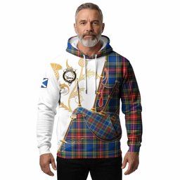 Bethune Tartan Family Crest Hoodie Bagpipes with Scottish Thistle