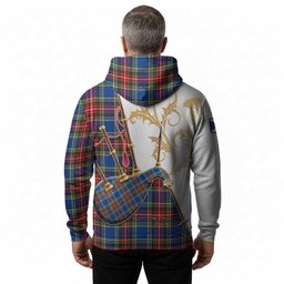 Bethune Tartan Family Crest Hoodie Bagpipes with Scottish Thistle