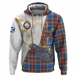 Bethune Tartan Family Crest Hoodie Bagpipes with Scottish Thistle