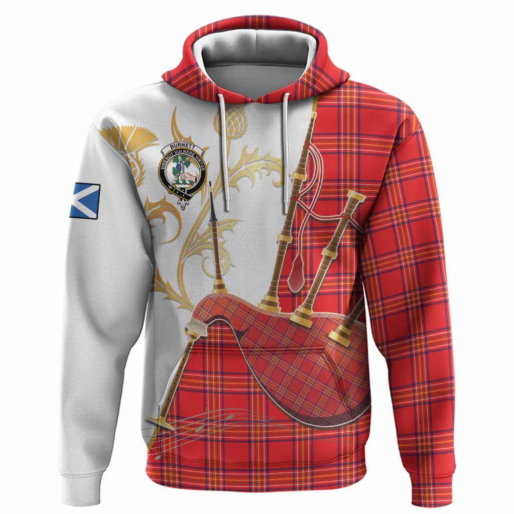 Burnett Tartan Family Crest Hoodie Bagpipes with Scottish Thistle