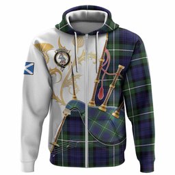 Bannerman Tartan Family Crest Hoodie Bagpipes with Scottish Thistle