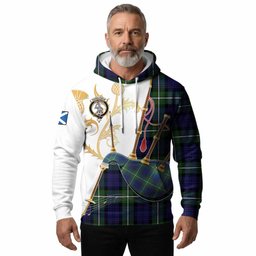 Bannerman Tartan Family Crest Hoodie Bagpipes with Scottish Thistle