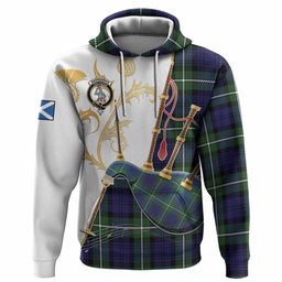 Bannerman Tartan Family Crest Hoodie Bagpipes with Scottish Thistle