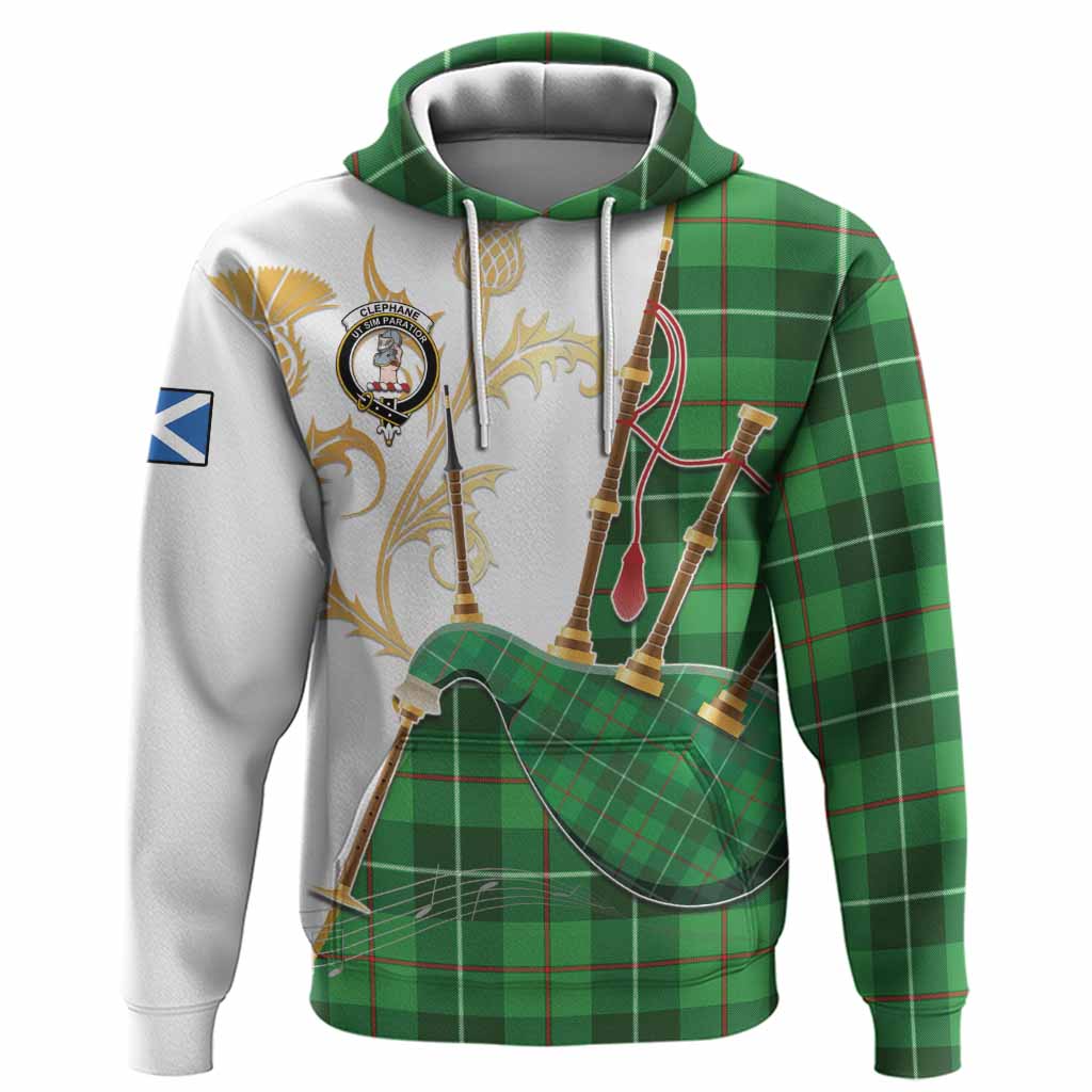 Clephane (Clephan) Tartan Family Crest Hoodie Bagpipes with Scottish Thistle