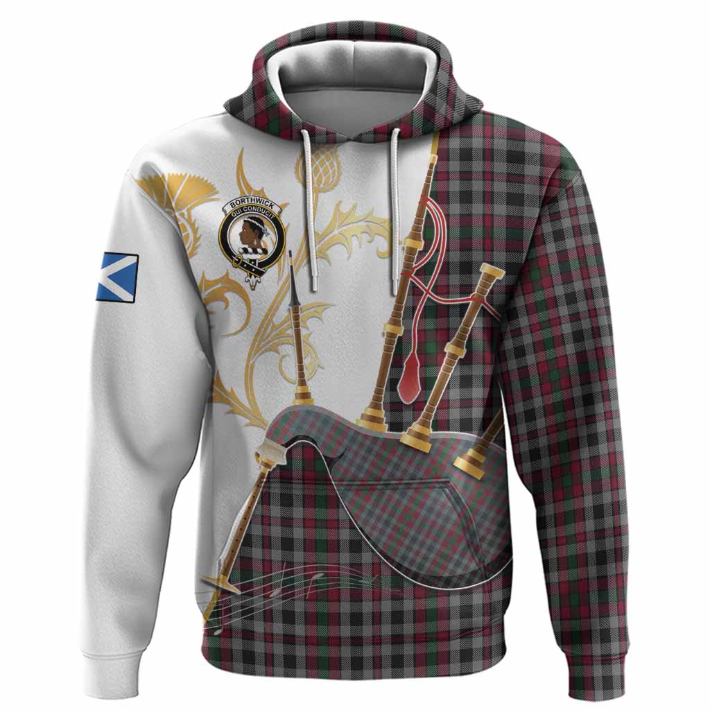 Borthwick Tartan Family Crest Hoodie Bagpipes with Scottish Thistle