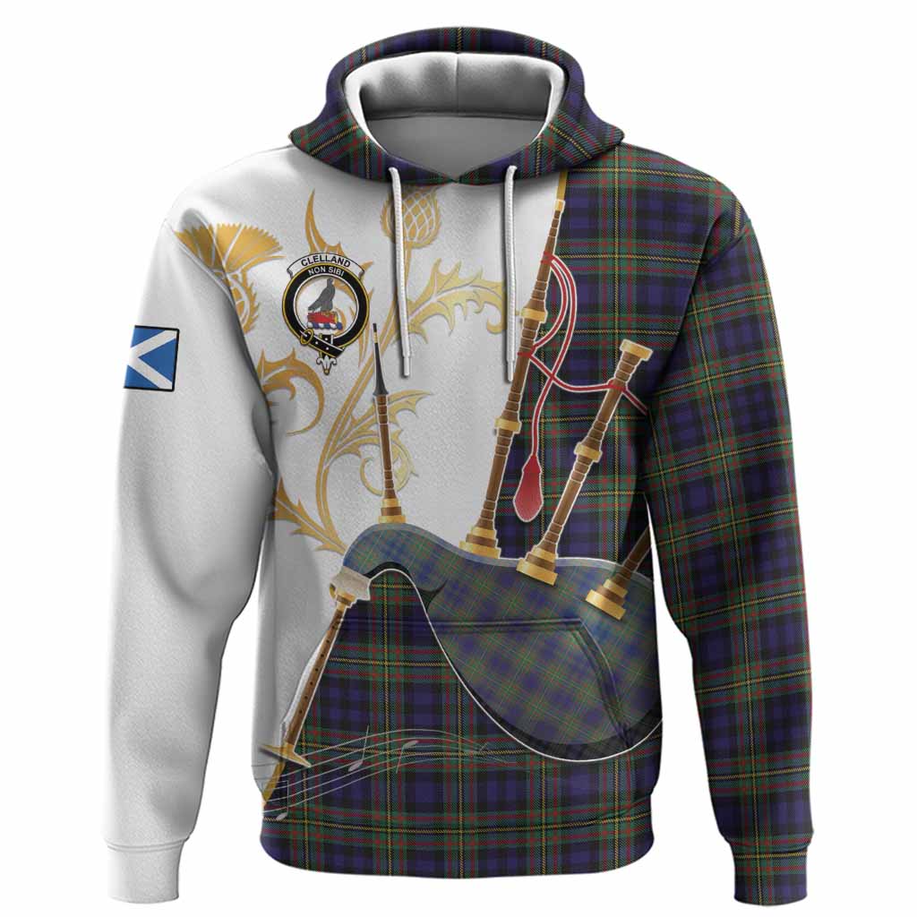Clelland Tartan Family Crest Hoodie Bagpipes with Scottish Thistle