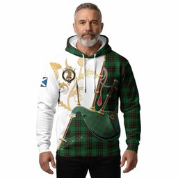 Halkett Tartan Family Crest Hoodie Bagpipes with Scottish Thistle