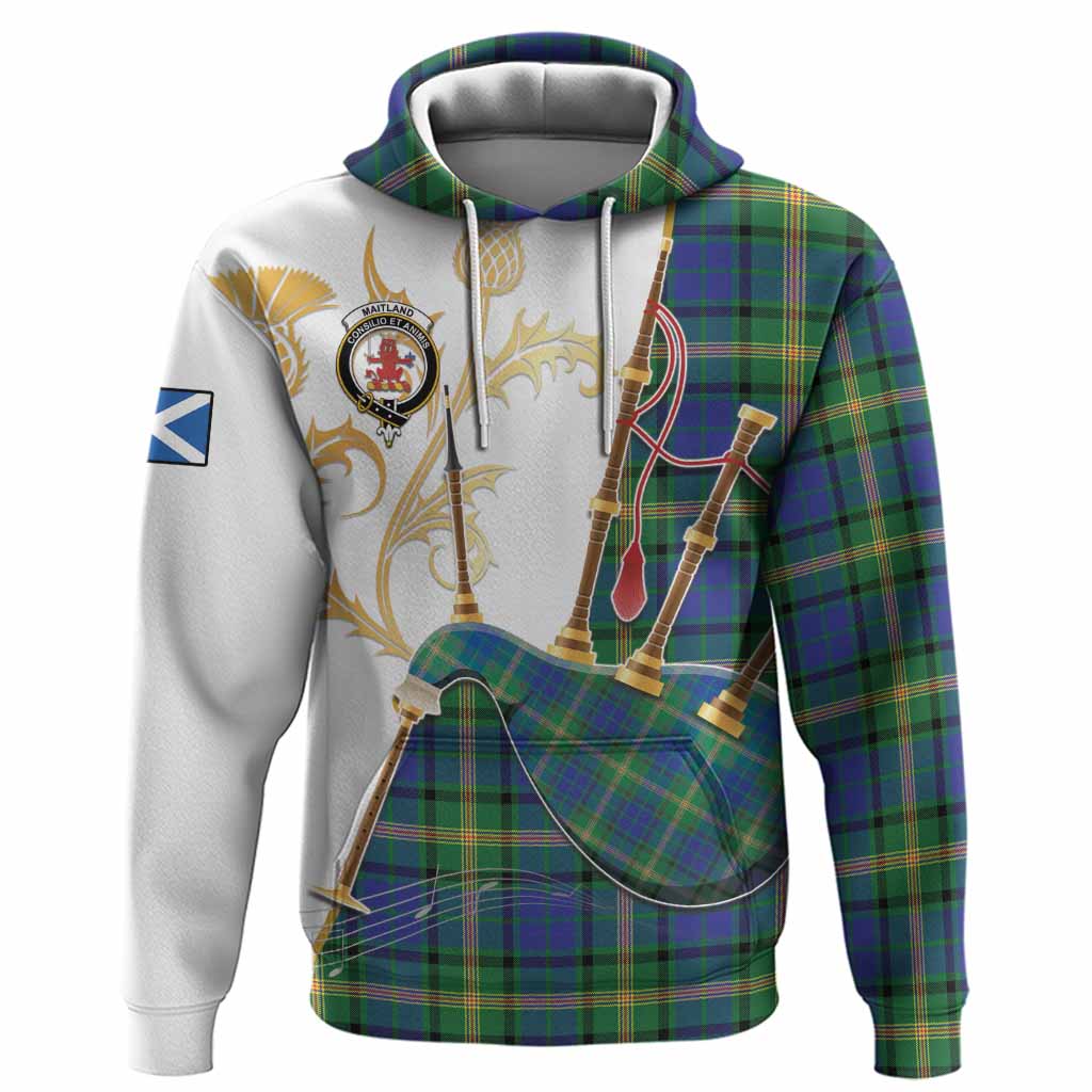 Maitland Tartan Family Crest Hoodie Bagpipes with Scottish Thistle