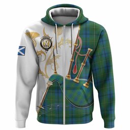 Johnstone (Johnston) Tartan Family Crest Hoodie Bagpipes with Scottish Thistle