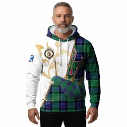 Monteith Tartan Family Crest Hoodie Bagpipes with Scottish Thistle