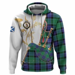 Monteith Tartan Family Crest Hoodie Bagpipes with Scottish Thistle