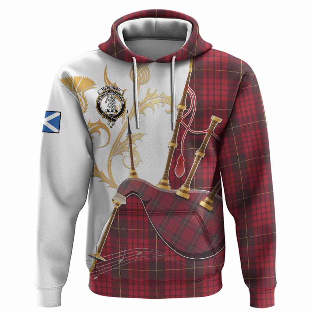 MacQueen (McQueen) Tartan Family Crest Hoodie Bagpipes with Scottish Thistle
