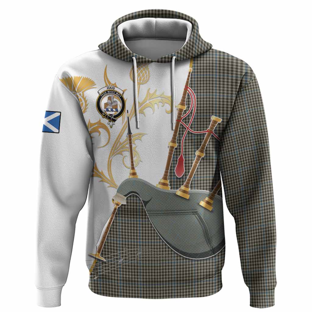 Haig Tartan Family Crest Hoodie Bagpipes with Scottish Thistle