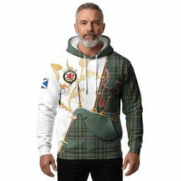 Kelly Tartan Family Crest Hoodie Bagpipes with Scottish Thistle