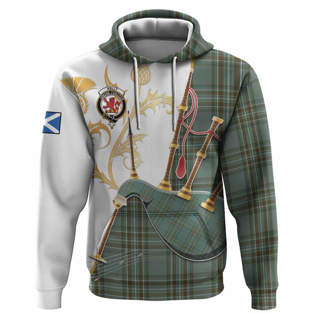Kelly Tartan Family Crest Hoodie Bagpipes with Scottish Thistle