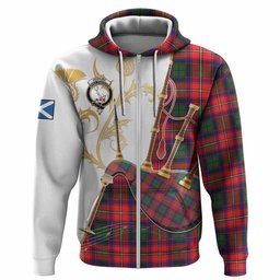Hopkirk Tartan Family Crest Hoodie Bagpipes with Scottish Thistle