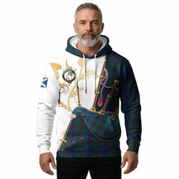 Laurie Tartan Family Crest Hoodie Bagpipes with Scottish Thistle