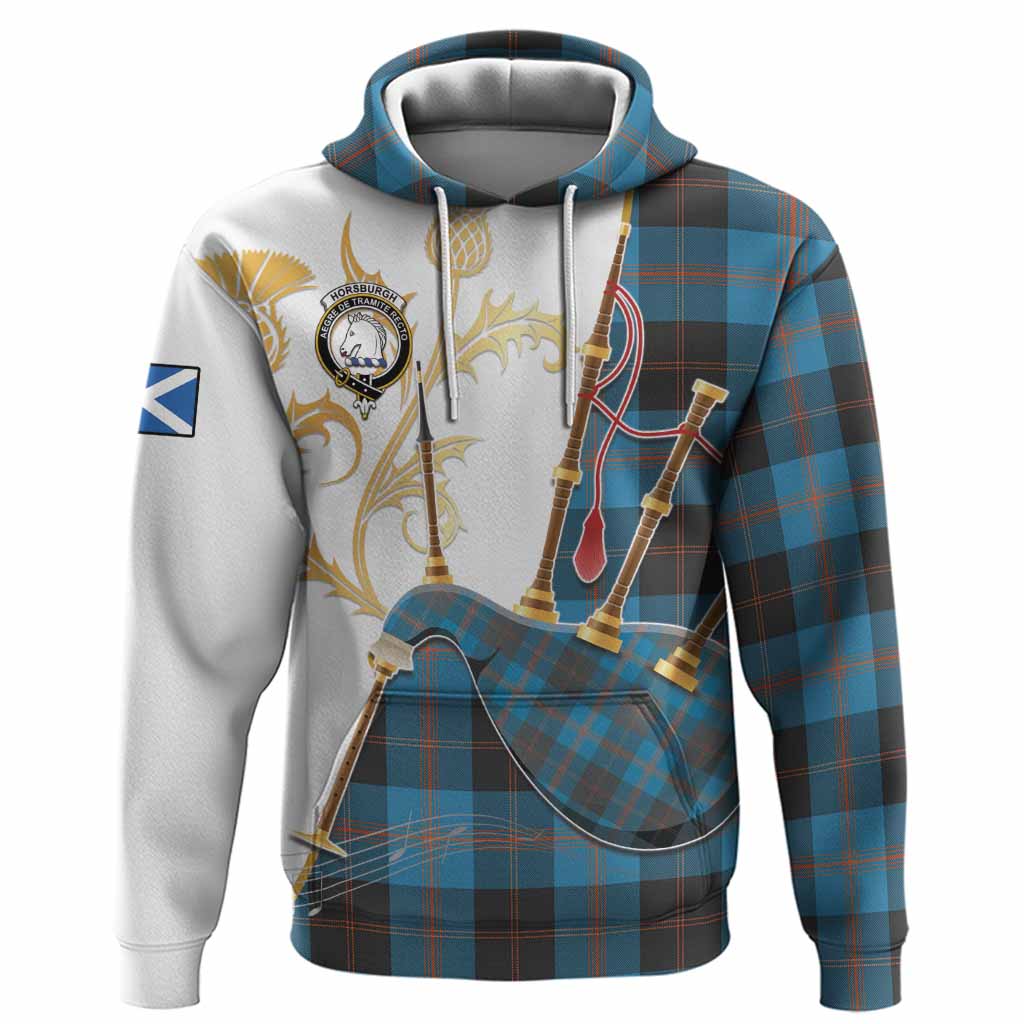 Horsburgh Tartan Family Crest Hoodie Bagpipes with Scottish Thistle