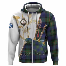 Jamieson Tartan Family Crest Hoodie Bagpipes with Scottish Thistle