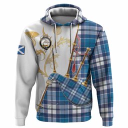 Hutton Tartan Family Crest Hoodie Bagpipes with Scottish Thistle